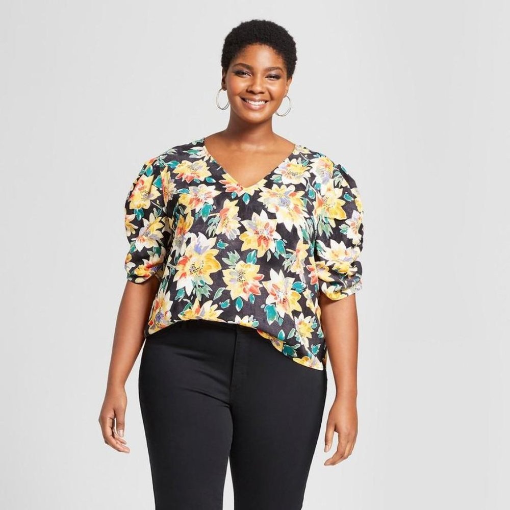 Ava & Viv Women Blouse Plus Sz X 14W Floral Print Top Black Yellow Ruched Sleeve